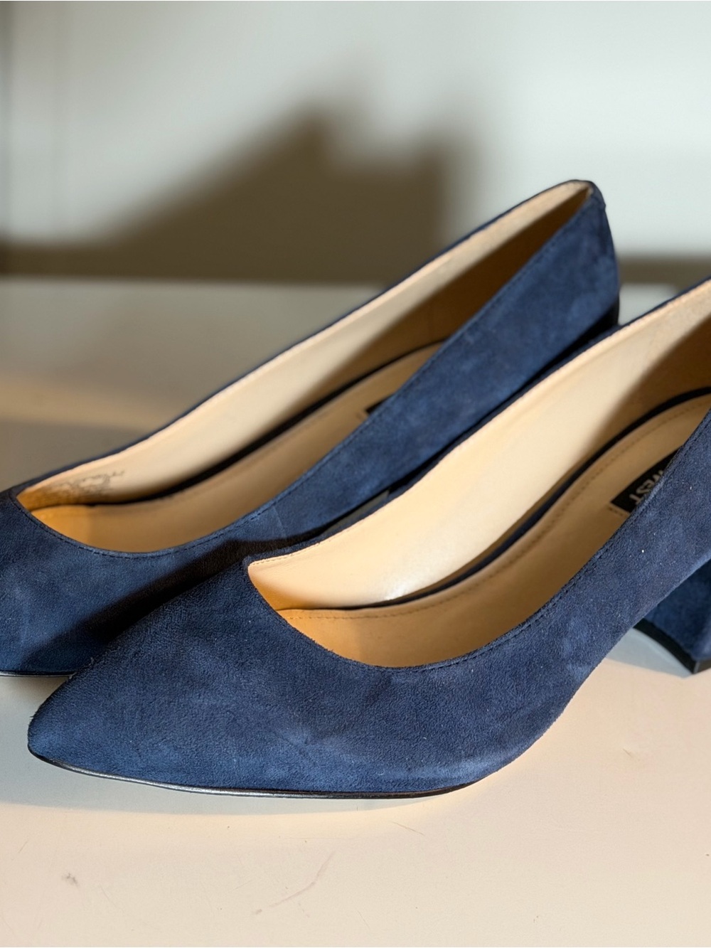 Nine West Navy Suede Pointed Toe Low Block Heels